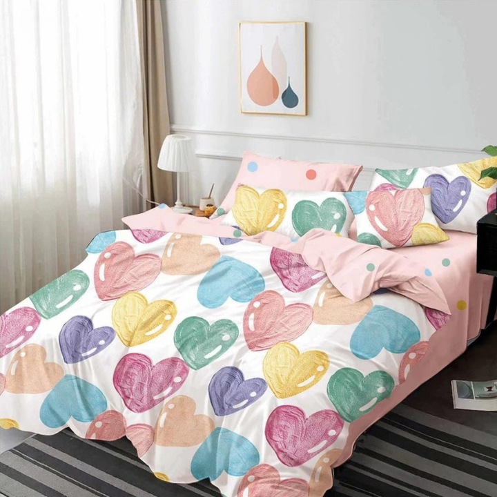 Set lenjerie de pat dublu, finet, Bubble Heart, 6 Piese