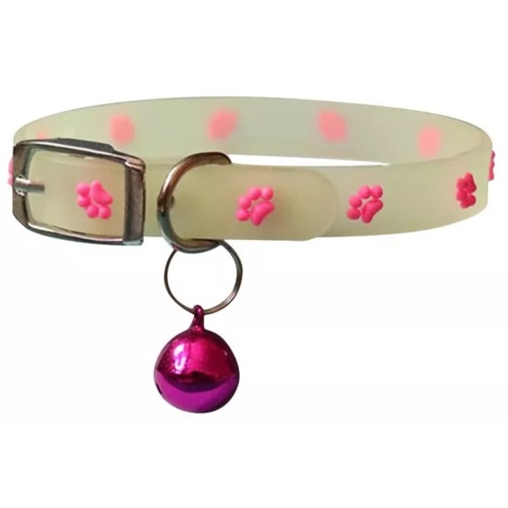 Zgarda pentru animale de casa, ajustabila, cu clopotel, fosforescenta cu incarcare la soare, din silicon, cu labute, mova