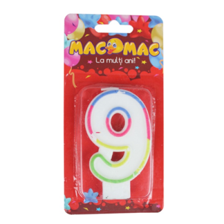 Lumanare aniversara pentru tort, cifra 9, multicolor, 7 cm