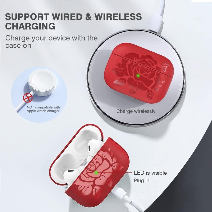 Husa TPU de Protectie pentru AirPods Pro 2, Halleast, cu Breloc Carabina si Snur, Incarcare Wireless, model floral, rosu