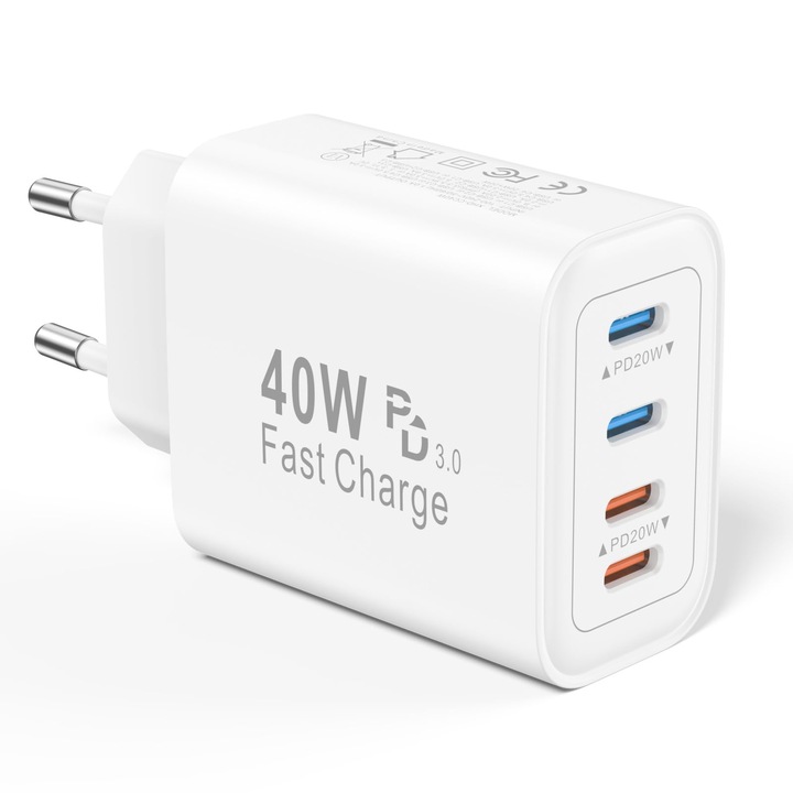 Incarcator rapid 40W, PD 3.0, 4 porturi, Adaptor Priza Quick Charge, 2 x Type-C 20W Fast Charger, 2 x USB-A 3.1A, compatibil cu dispozitive Apple iPhone iPad, Android Samsumg iPhone iPhone iPad Huawei Xiaomi, Alb