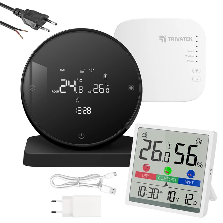 TRIVATEK™️ Intelligens szobatermosztát WiFi alkalmazásvezérlés, Google / Alexa kompatibilis, hangvezérlés, kompatibilis gázzal / elektromos központi fűtéssel, falra / asztalra rögzíthető, csatlakozó / tápkábel és hőmérő páramérővel