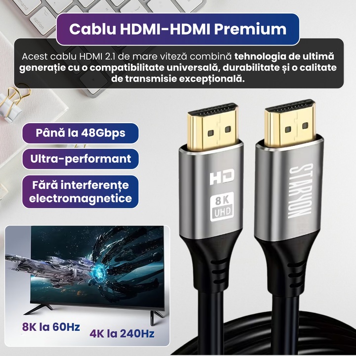 Cablu HDMI 2.1 Premium Staryon®, Tata-Tata, 8K la 60Hz si 4K la 240Hz, Standard HDMI superior, 200 cm, 3D, Transmisie 48Gbps, Sincronizare sunet eARC, HDR Dinamic, HDCP 2.2/CEC/EDID, compatibil Laptop/Consola/PC/TV, Fara Interferente Electromagnetice, Gri