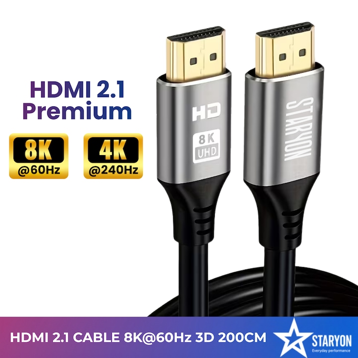 Cablu HDMI 2.1 Premium Staryon®, Tata-Tata, 8K la 60Hz si 4K la 240Hz, Standard HDMI superior, 200 cm, 3D, Transmisie 48Gbps, Sincronizare sunet eARC, HDR Dinamic, HDCP 2.2/CEC/EDID, compatibil Laptop/Consola/PC/TV, Fara Interferente Electromagnetice, Gri