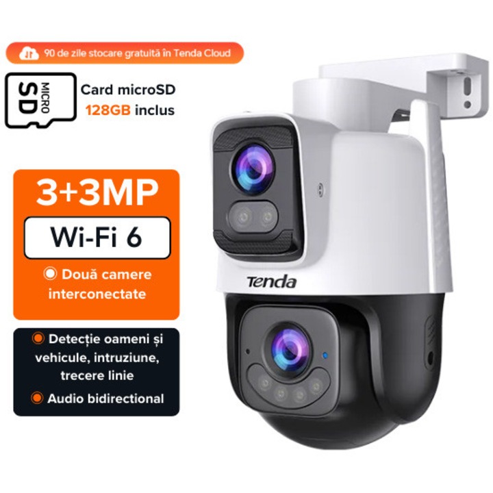 Camera IP exterior, Tenda, CH9-WCA, Wi-Fi6, Pan-Tilt multidirectionala 6MP (2 lentile 3.3MP), Full-Color, acoperire 360°, IP65, functionare -30°C pana la +60°C, port LAN RJ45 10/100Mbps, audio bidirectional, card microSD 128GB inclus