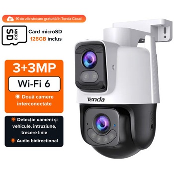 Camera IP exterior, Tenda, CH9-WCA, Wi-Fi6, Pan-Tilt multidirectionala 6MP (2 lentile 3.3MP), Full-Color, acoperire 360°, IP65, functionare -30°C pana la +60°C, port LAN RJ45 10/100Mbps, audio bidirectional, card microSD 128GB inclus