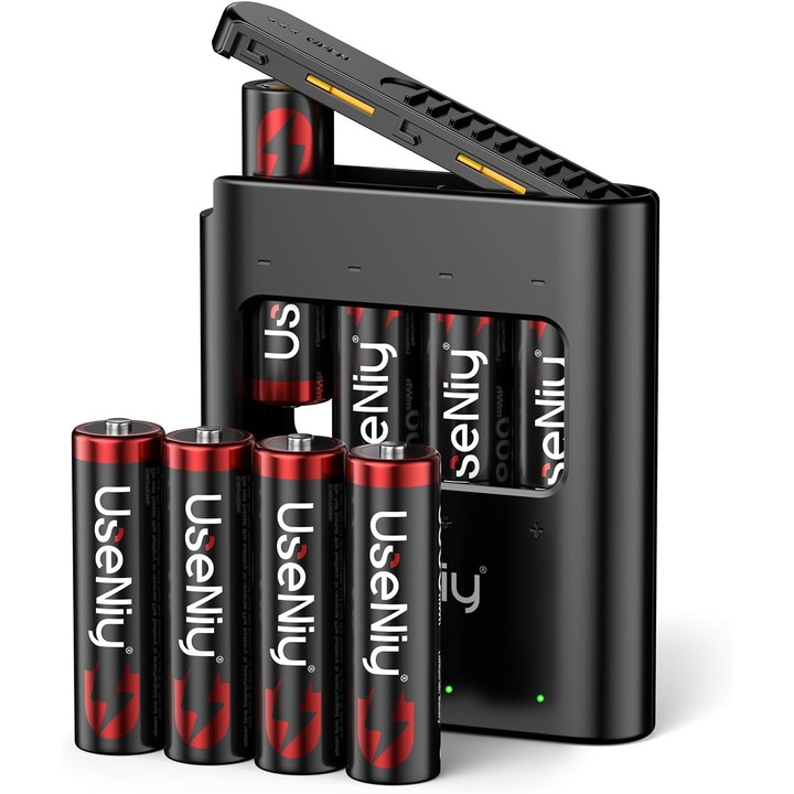 Set 8 baterii AA reincarcabile, 3600 mWh 1, 5 V, cu incarcator cu 4 sloturi si tehnologie incarcare rapida, multifunctionale