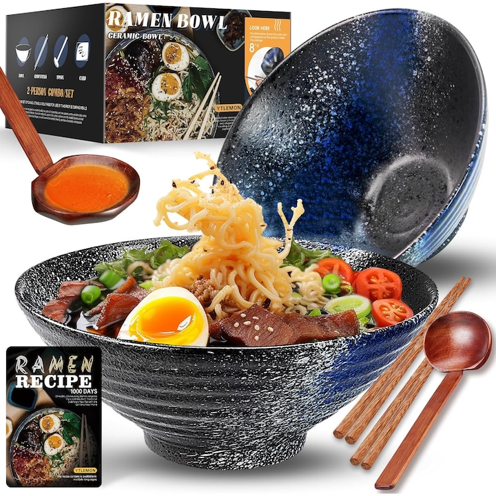 Set 2 boluri japoneze pentru ramen, 1000 ml, din ceramica, cu betisoare, linguri si retete, compatibile masina de spalat vase si microunde, multifunctionale