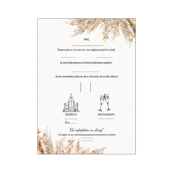 Invitatie nunta 13x18cm cu plic, tematica pampas