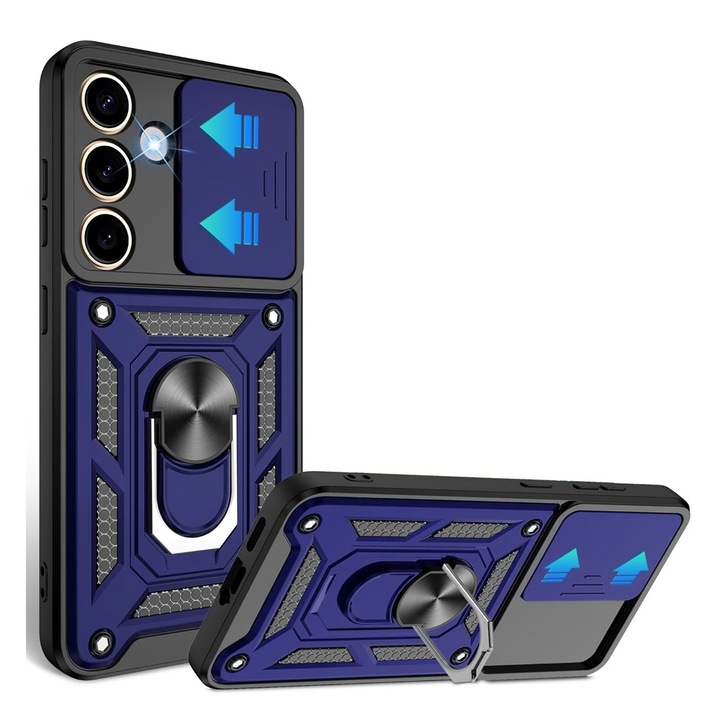 Shutter Back Armor Ring Lens Cover за Samsung Galaxy S25, ОПТИМАЛНО РЕШЕНИЕ, Иновация и защита, Плъзгащ механизъм, Магнитна функция, Camshield Premium Core Protection, 360° въртящ се пръстен, Анти-пръстови отпечатъци, син