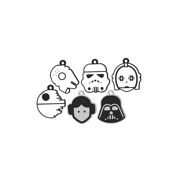 Set 6 brelocuri Star Wars, alb cu negru, PLA