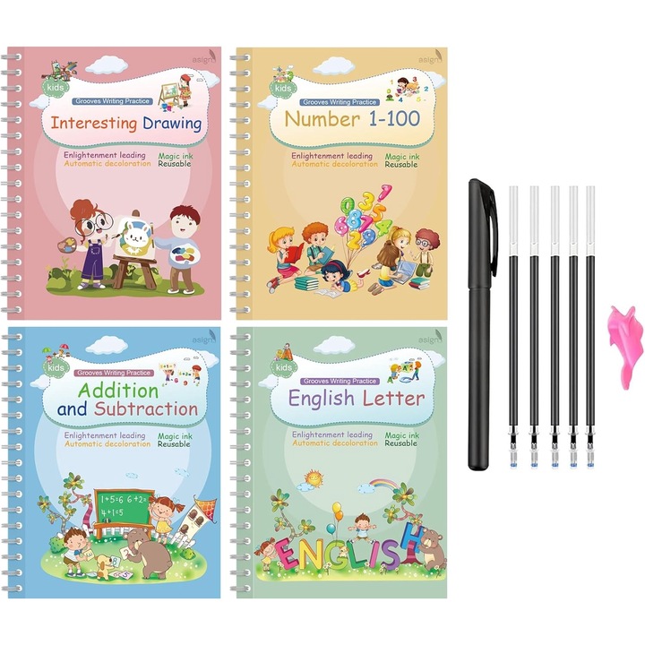 Caiete reutilizabile pentru copii cu pixuri cu cerneala magica set 4 bucati Franceza