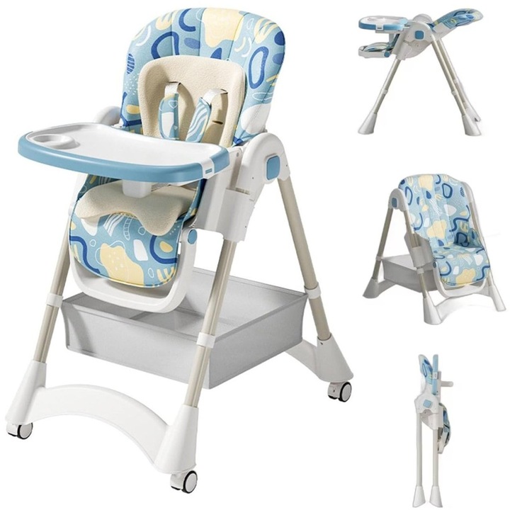 Scaun de Masa Pliabil pentru Bebelusi si Copii KinderVIBE®, 6 Luni +, 4 Pozitii inclinare Spatar, Centura de Siguranta 5 Puncte, Ajustabil pe Inaltime, Tavita Reglabila, Detasabila, Loc depozitare, Picioare Antiderapante, Roti blocabile, Multiple Blue Fad