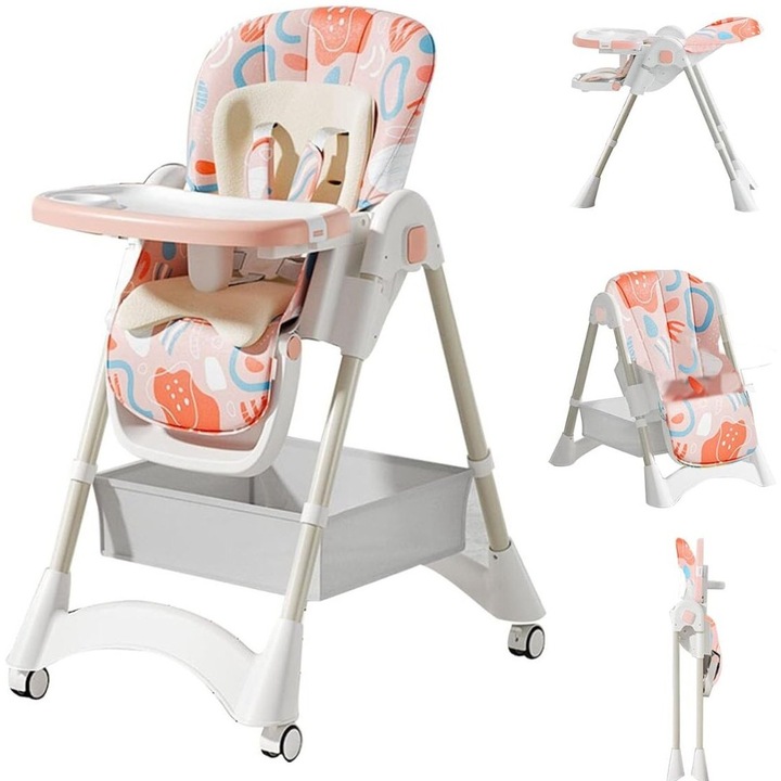 Scaun de Masa Pliabil pentru Bebelusi si Copii KinderVIBE®, 6 Luni +, 4 Pozitii inclinare Spatar, Centura de Siguranta 5 Puncte, Ajustabil pe Inaltime, Tavita Reglabila, Detasabila, Loc depozitare, Picioare Antiderapante, Roti blocabile, Multiple Pink Fad