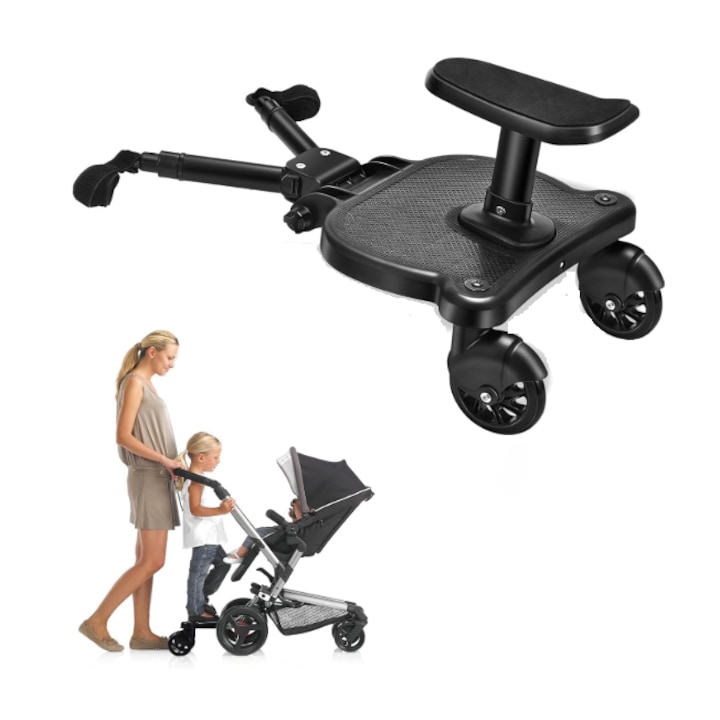 Adaptor de carucior pentru al doilea copil, platforma cu scaun detasabil, realizat din materiale rezistente, Sarcina max.: 25 kg, 55 cm x 33 cm x 36 cm, Black