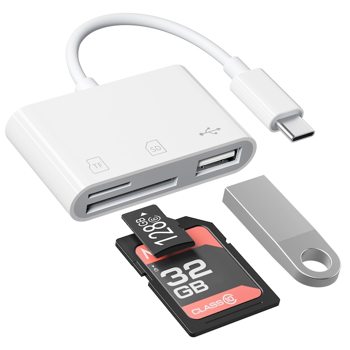 Cititor de carduri 3 in 1 multifunctional, Cu SD/TF/USB 3.0, pentru telefon/Pad/Camera, Plug and Play, Compact si portabil, Compatibilitate larga, Viteza rapida de transfer de date, tip C, ABS, Alb