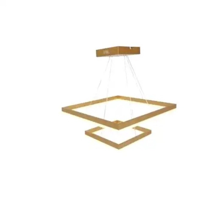 Lustra LED suspendata cu telecomanda, aurie, patrata, 112W, 3 functii de lumina, calda/naturala/rece, intensitate reglabila, dimensiune 50x50x100cm, IP21, montaj tavan, LDC