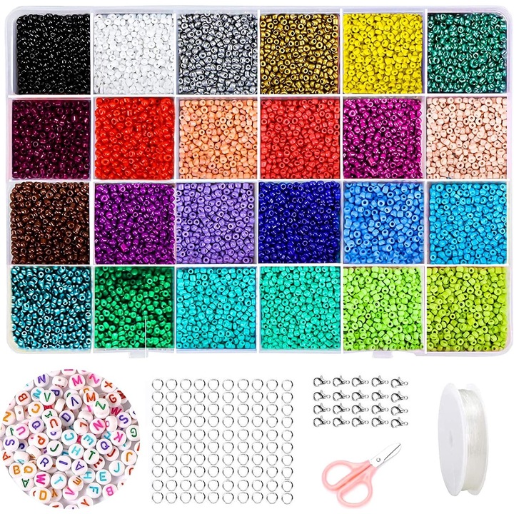 Kit 24250 margele sticla, 3mm, 24 culori, litere, accesorii confectionare bijuterii, multicolor