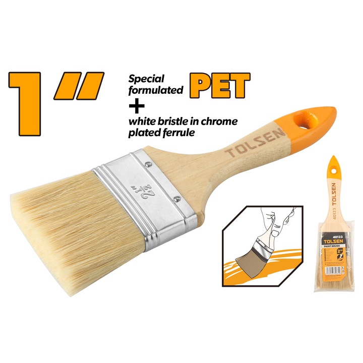 Pensula vopsit TOLSEN 1 inch, peri PET si albi, lungime fir 44 mm, grosime 12 mm, banda cromata, maner din lemn, pentru detalii si finisaje de precizie