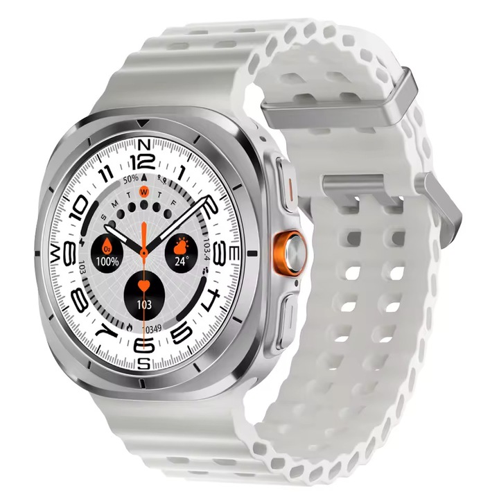 Smartwatch SMART W7 ULTRA pentru barbati, rezistent la apa, apeluri, tensiune arteriala, puls, saturatie, busola, alb