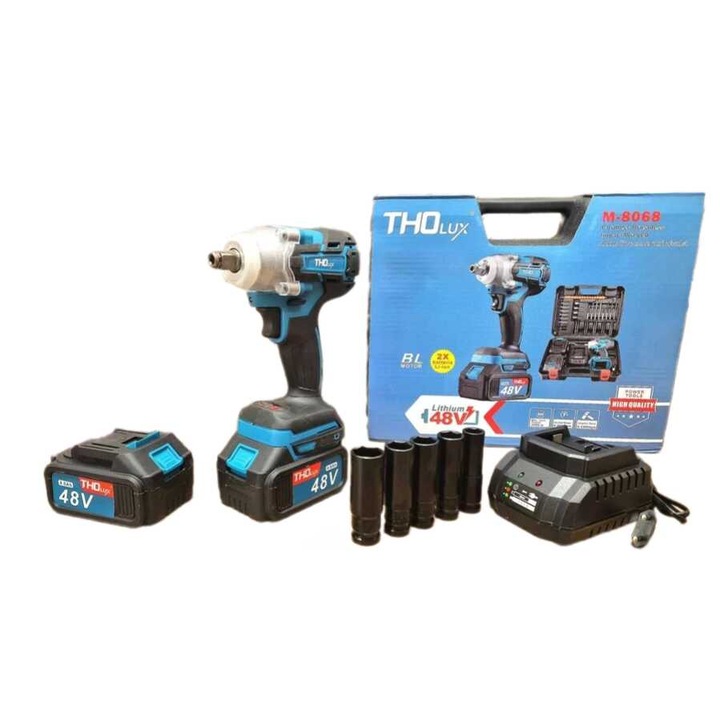 Masina de gaurit THO M-8068 de impact compacta, cheie pentru roti, 2 buc. baterii 48V, in carcasa