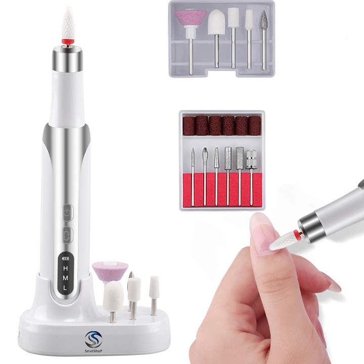 Електрическа пила за нокти SeveShop, безжична електрическа пила за професионален маникюр и педикюр, бързо зареждане, 12 подвижни глави, 6 абразивни ленти, автоматична система за охлаждане, променлива скорост, нисък шум, бяла