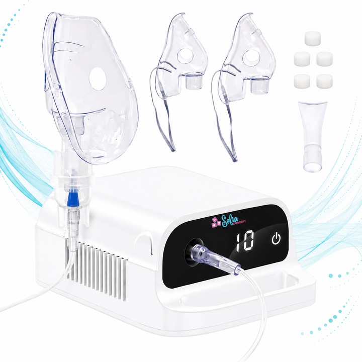 Aparat Aerosoli Profesional Sofia CONCEPT®, Kit complet, Masca Copii si Adulti, Pahar de Nebulizare, Particule Fine pentru Absorbtie Usoara, Nebulizare 0,5-10 μm, Capacitate Vaporizare ≥0,25 ml/min, Inhalator cu Compresor, Tehnologie Silentioasa, White