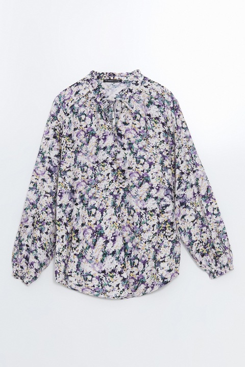 LC WAIKIKI, Bluza cu model floral si snururi la gat, Verde/Lila/Alb murdar