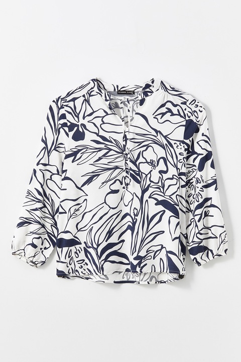 LC WAIKIKI, Bluza cu model floral si snururi laterale, Alb fildes/Bleumarin