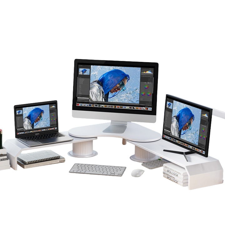 Stand Monitor 3 in 1 Jaskus® Battle Station Pro, Coltar Extensibil 270°, Suporta 40kg, 124-140x20x13 cm, Design Piloni Greco-Roman Metalici, Ajustabil Fara Scule, Alb