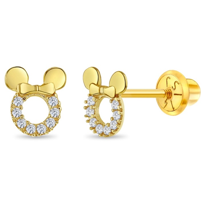 14K arany fülbevaló gyerekeknek, mini egérforma fehér CZ kövekkel, cérnazárás és védelem