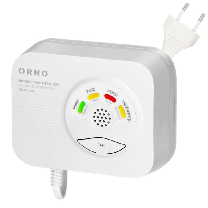 Detector gaze naturale ORNO OR-DC-636, 230V AC, indicator optic si acustic, buton test, 70 dB, Design Modern, Usor de Instalat, ideal pentru Locuinte, Bucatarii, Centrale termine, Garaje, Alb