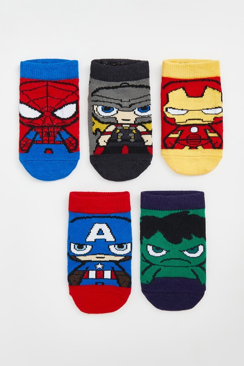 LC WAIKIKI, Set de sosete pana la glezna cu imprimeu Marvel - 5 perechi, Rosu/Verde/Albastru
