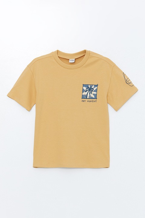 LC WAIKIKI, Tricou cu decolteu la baza gatului si imprimeu grafic, Albastru prafuit/Camel