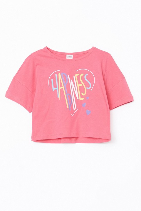 LC WAIKIKI, Tricou crop din bumbac cu imprimeu grafic, Roz aprins/Galben pal/Alb murdar
