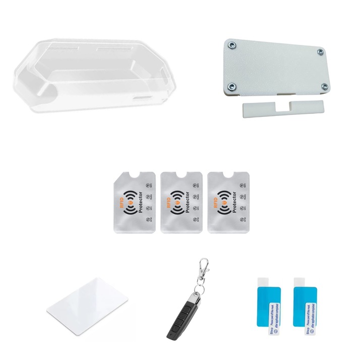Set Accesorii Flipper Zero - Husa Silicon Transparenta, Carcasa Placa Wi-Fi Alba, 2 Folii Protectie Display, Telecomanda Programabila 433Mhz, Card RFID 13.56MHz Rew, 3 Protectii Rfid, UnderShop®