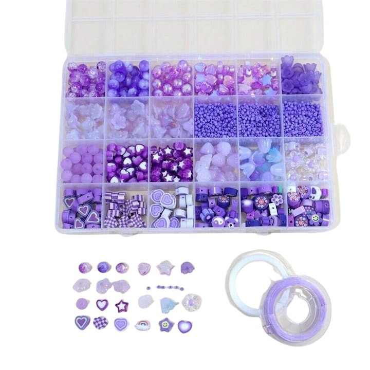Set margele Multicolor, diverse figurine, pentru creat bratari, 650 margele si 2 role cu fir