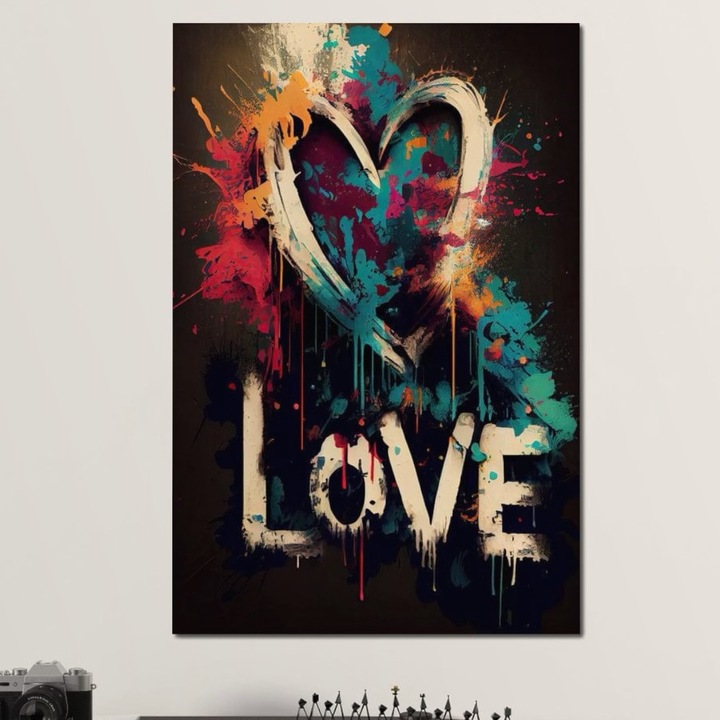 Премиум картина върху платно, LuxCanva® E1000, Експлозия от цвят и любов, 100 X 135 см, 100% памучно платно 400 г/м2, дървена рамка, цвят, любов, енергия, израз, изкуство, хол, ярки цветове