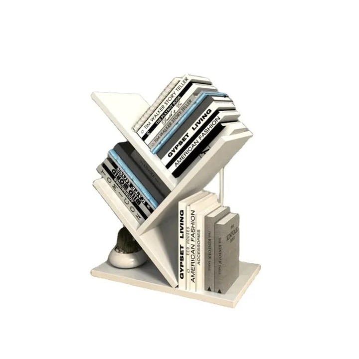 Könyvespolc, mérete 40x16x30cm, 4 rekesszel, MDF-ből, könnyen összeszerelhető, fehér