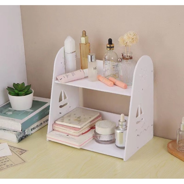 Etajera de birou, de dimensiuni mici, cu 2 compartimente, din MDF, usor de asamblat, alb