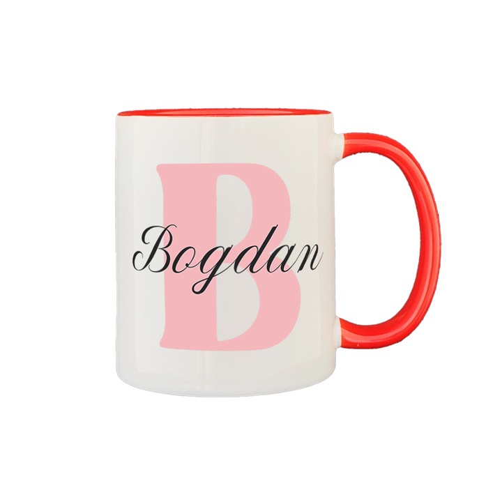 Cana personalizata cu prenume, alba cu interior si maner rosu, 350ml, Colectia Prenume Barbati, Bogdan