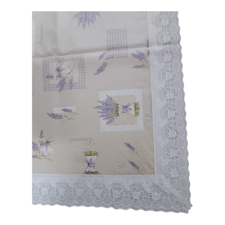 Vízálló terítő, 4-6 személyes, téglalap alakú, PVC/textilből csipkeszegéllyel, 122x152 cm, Levendula csokor mintás