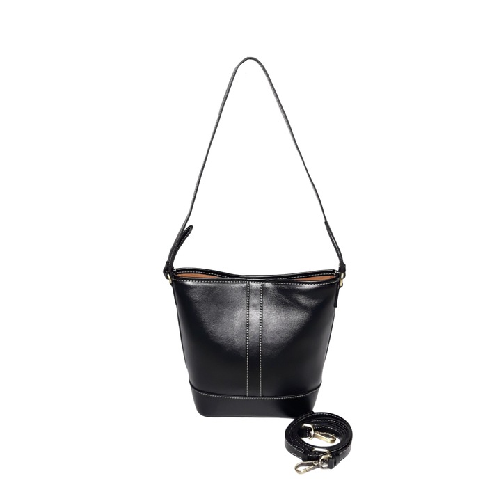 Geanta dama, piele naturala, negru, 22 x 11 x 25