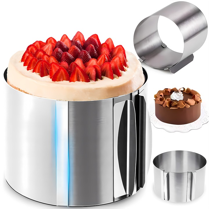 Регулируем ринг за торта, RETOO CookCare, изработен от НЕРЪЖДАЕМА СТОМАНА, регулируем диаметър 16-30 см, височина 12 см, със скала за измерване и фиксиращ механизъм, сребрист
