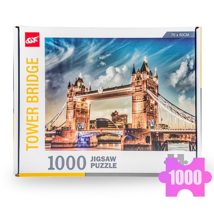 Puzzle, Tower Bridge, 1000 darabos készlet, geometriai formák, 50 x 70 cm, pihentető, oktatási, 14 év feletti, kreatív, turisztikai látványosságok, karton, tarka