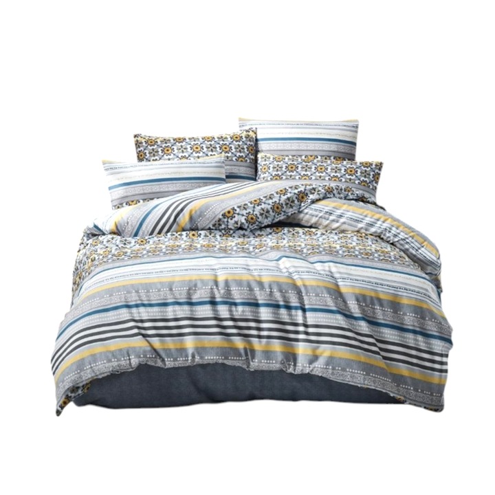 Lenjerie de pat, 2 persoane, 100 % bumbac, imprimeu clasic, 4 piese