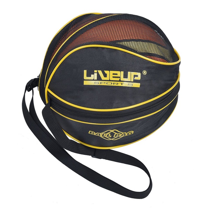 Geanta de transport pentru mingi LiveUp, neagra cu detalii galbene, pentru mingi pana la marimea 7, curea ajustabila