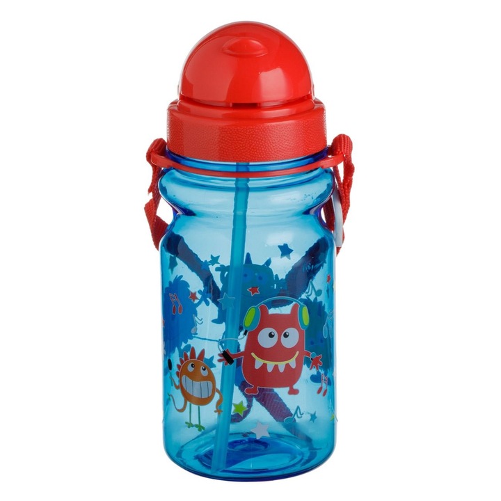 Sticla Apa Pop Up din Plastic Bleu si Rosie, Design Monstru, Capacitate 350ml, Material Plastic Rezistent