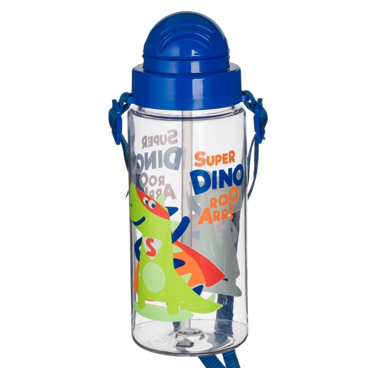 Átlátszó Pop Up Vizespalack Kék Dinoszaurusz "Super Dino" 500ml, Kopolészter Anyag, Szórakoztató Dizájn Gyermekeknek