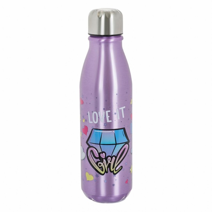 Sticla pentru apa, violet, design cu diamant, curcubeu si fluture, 600 ml